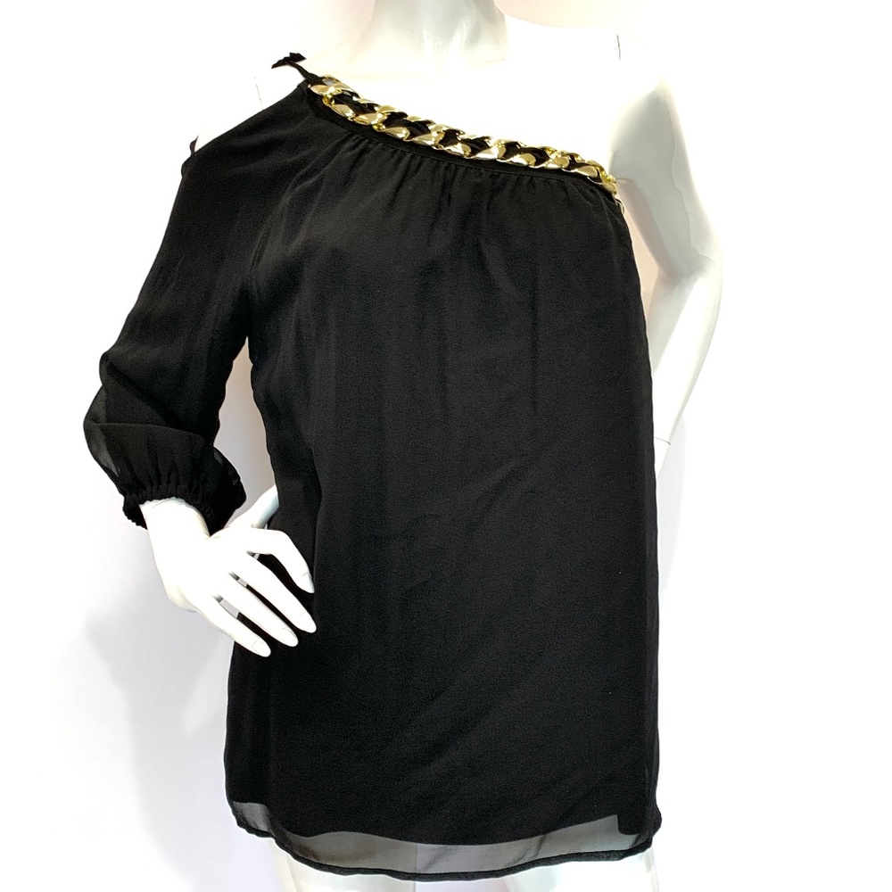 Julie Brown NYC Chiffon Sheer Black One Shoulder Blouse Gold Chain 100% Silk - Picture 4 of 8